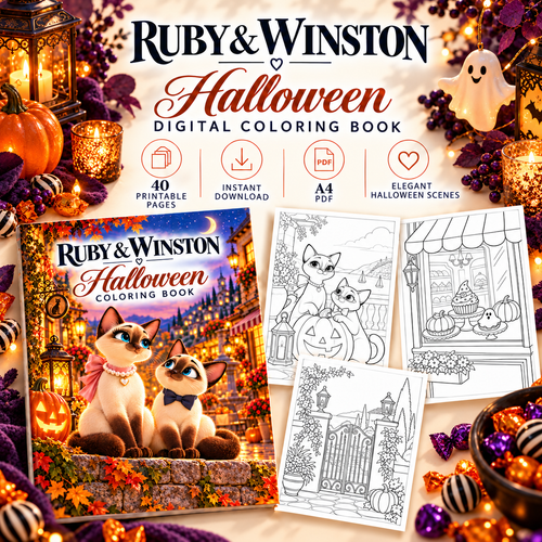 Halloween coloring book preview with seated Ruby and Winston, sample pages, A4 PDF details, candy and friendly ghost