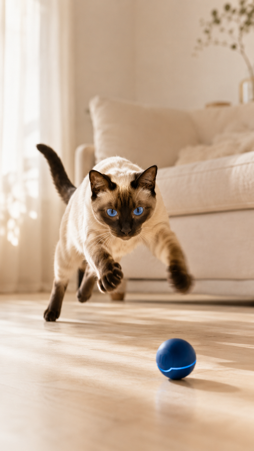 Society Sphere smart puzzle ball for Siamese cats, cream-white finish with blue LED, motion-activated enrichment toy