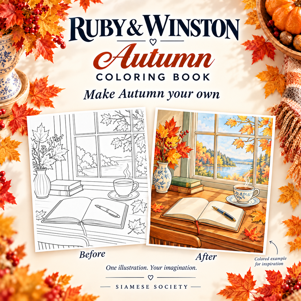 The same Autumn writing desk illustration before coloring and a colored example for inspiration