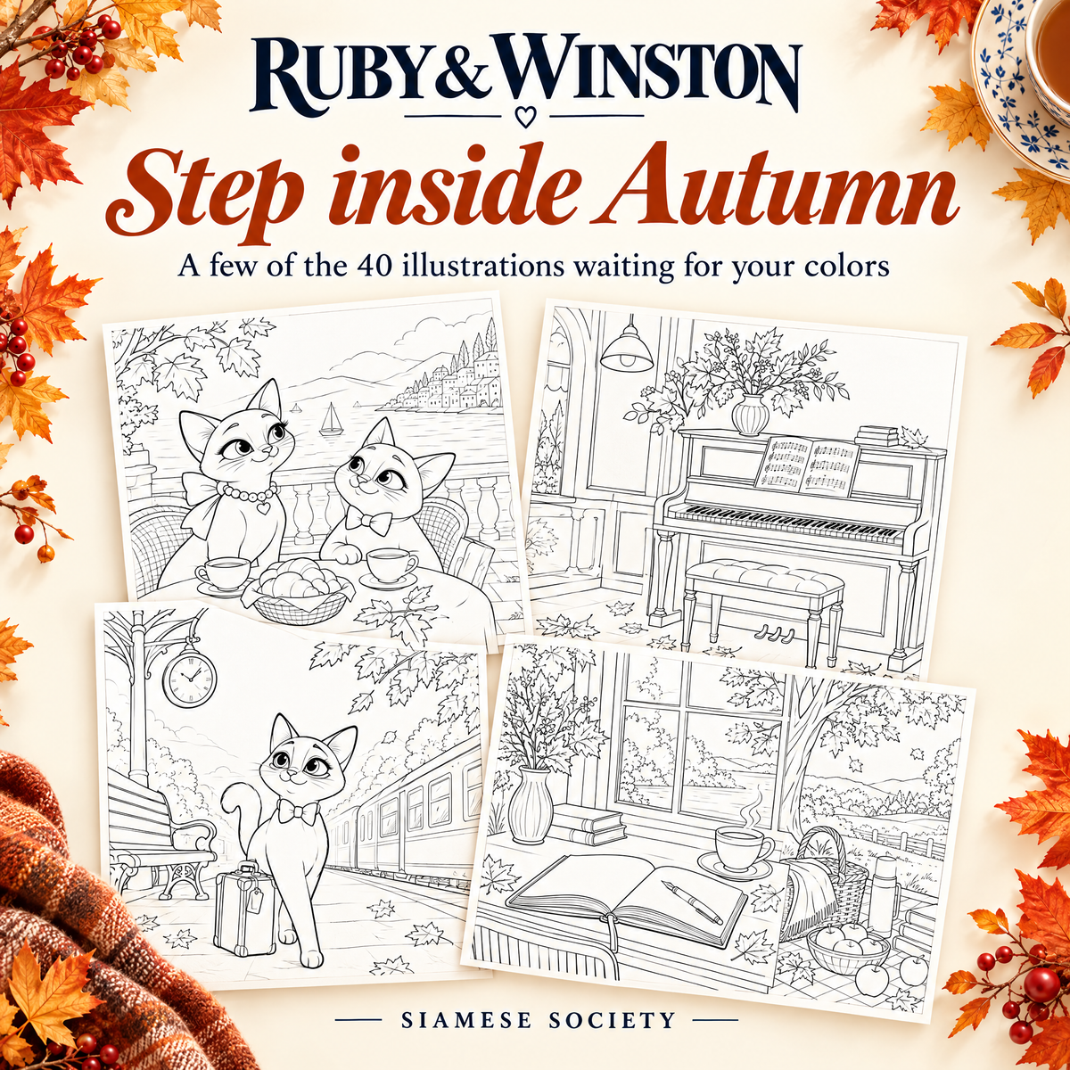 Sample Autumn coloring pages showing cats at tea, a piano room, a railway station and a writing desk
