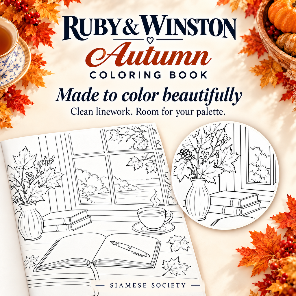 Close-up of clean line art and open coloring spaces in the Autumn writing desk illustration