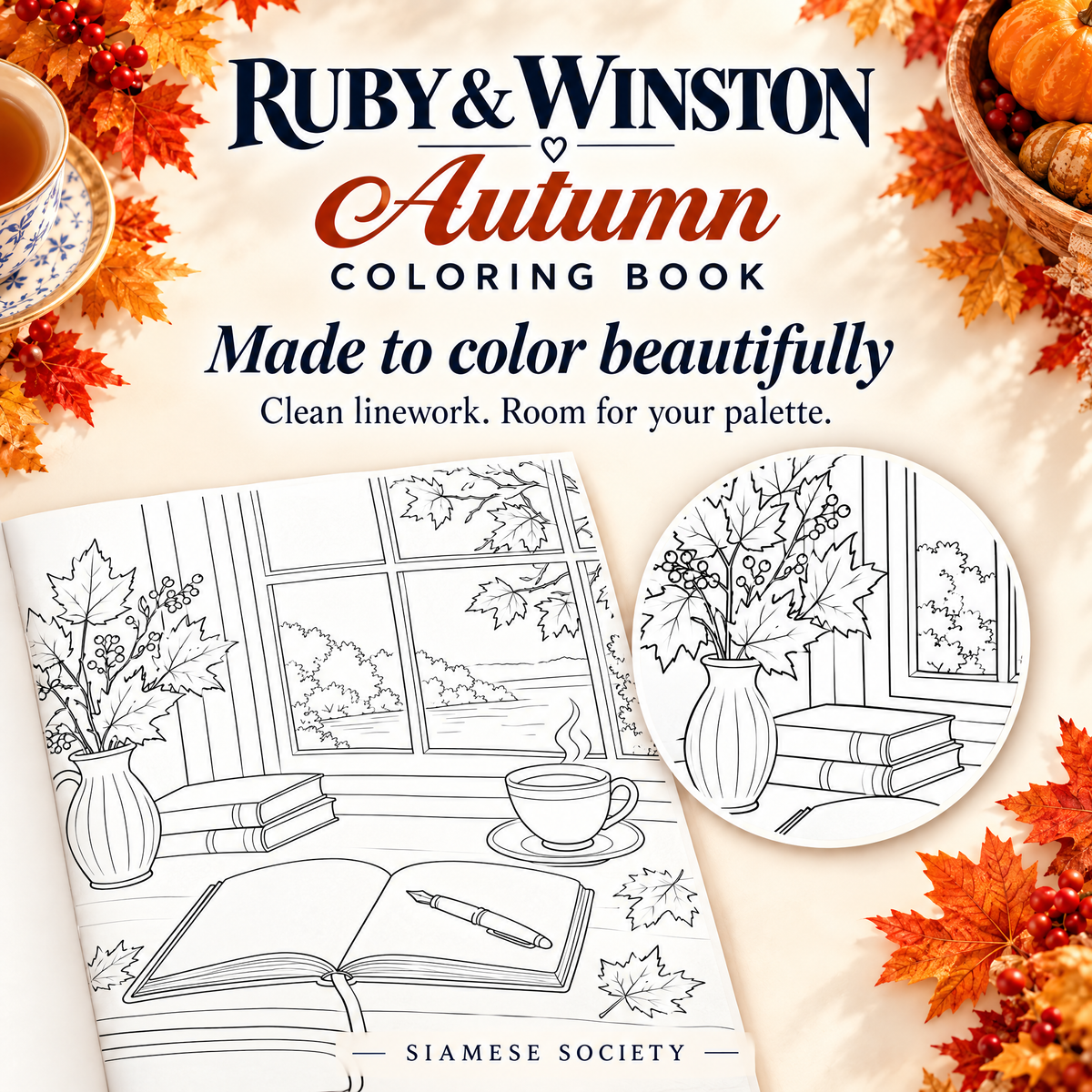 Close-up of clean line art and open coloring spaces in the Autumn writing desk illustration