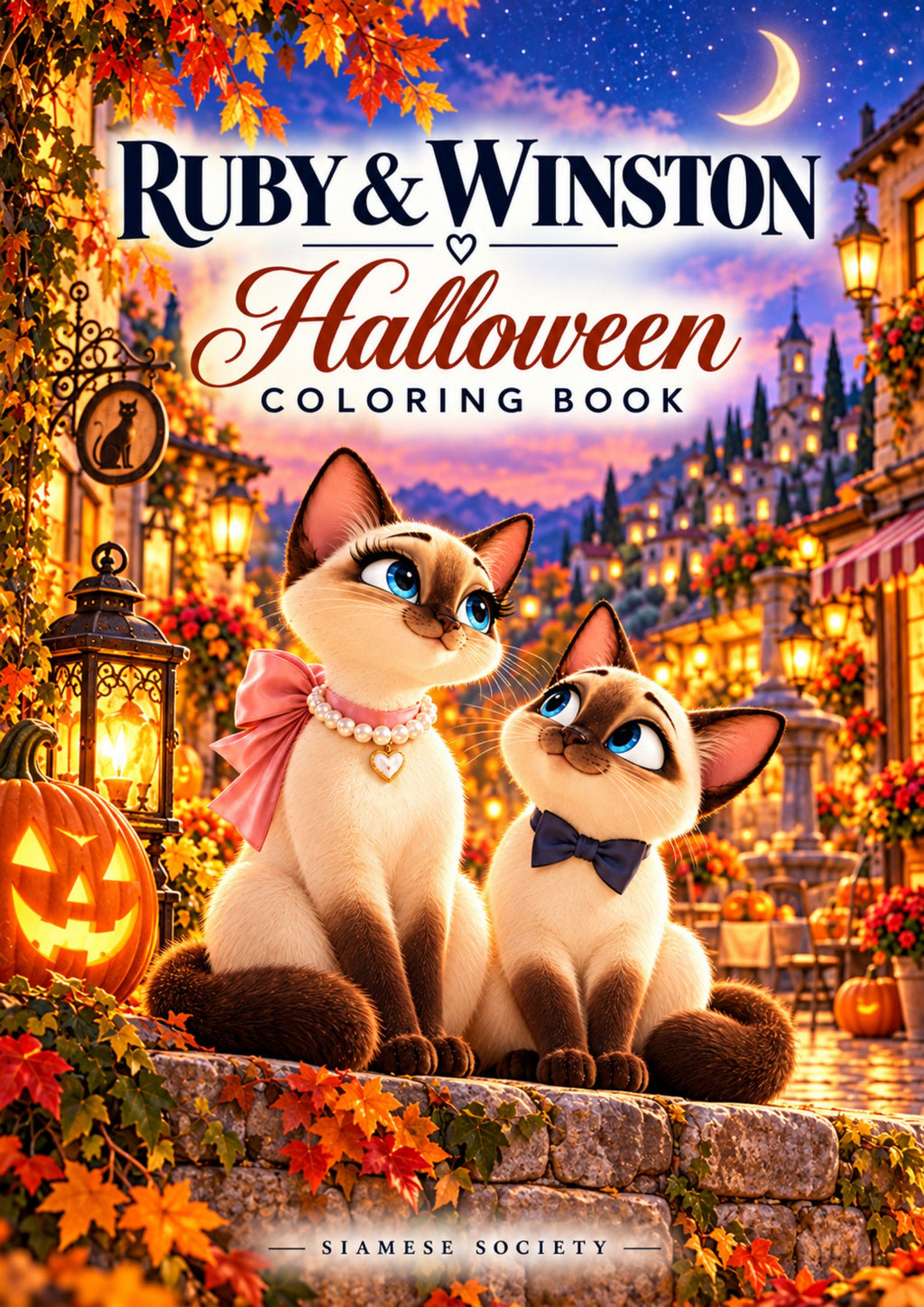 Ruby & Winston Halloween Coloring Book cover, two Siamese cats beside a jack-o-lantern on a moonlit terrace