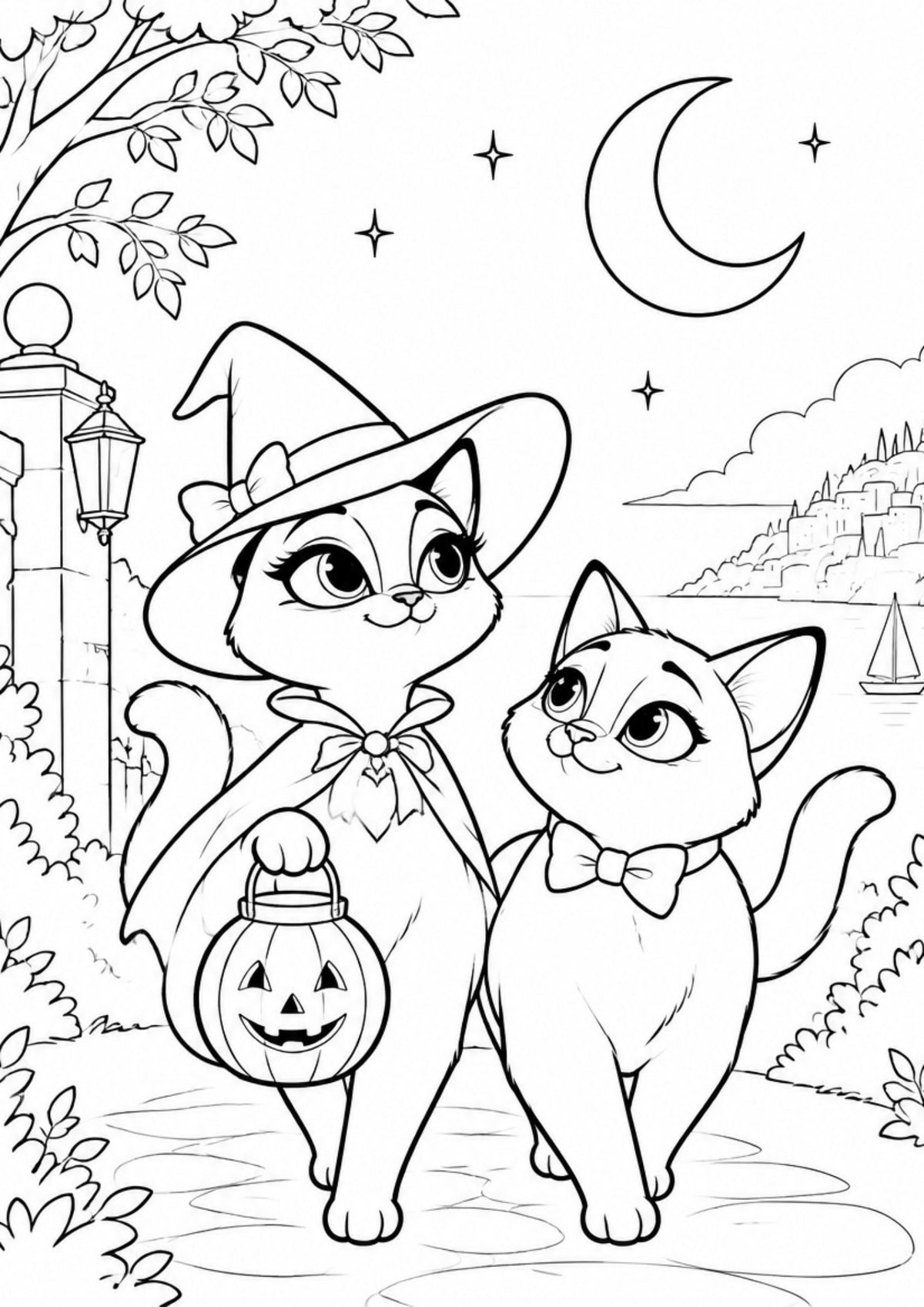 Coloring page from the Halloween edition: Ruby in a witch hat and Winston with lanterns on a moonlit evening walk