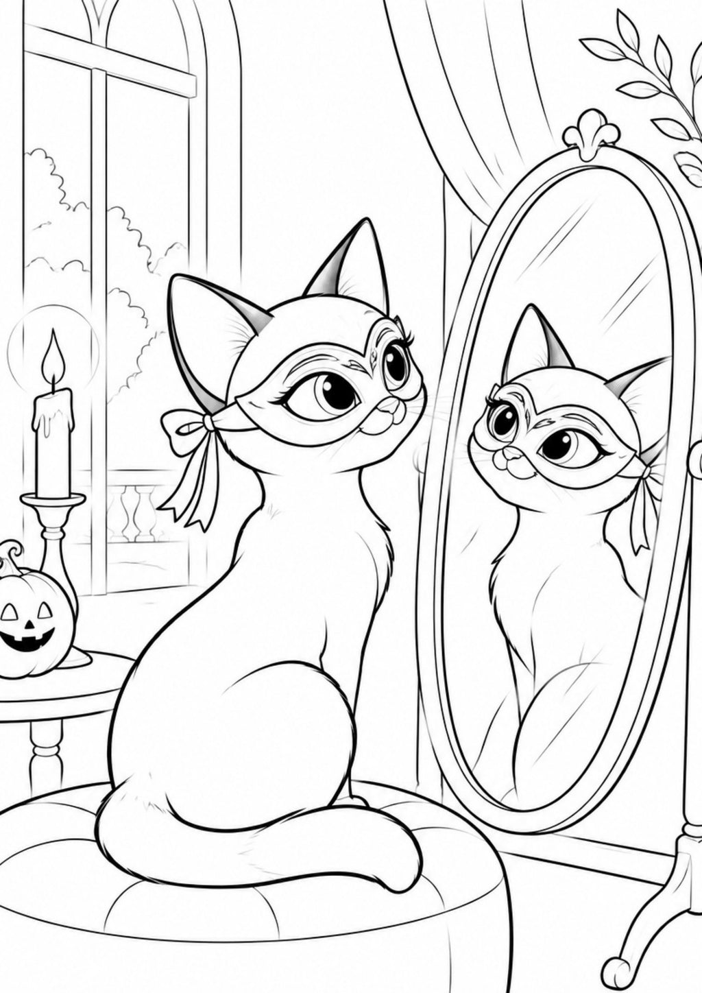 Coloring page from the Halloween edition: Ruby tries on a masquerade mask in front of a tall mirror