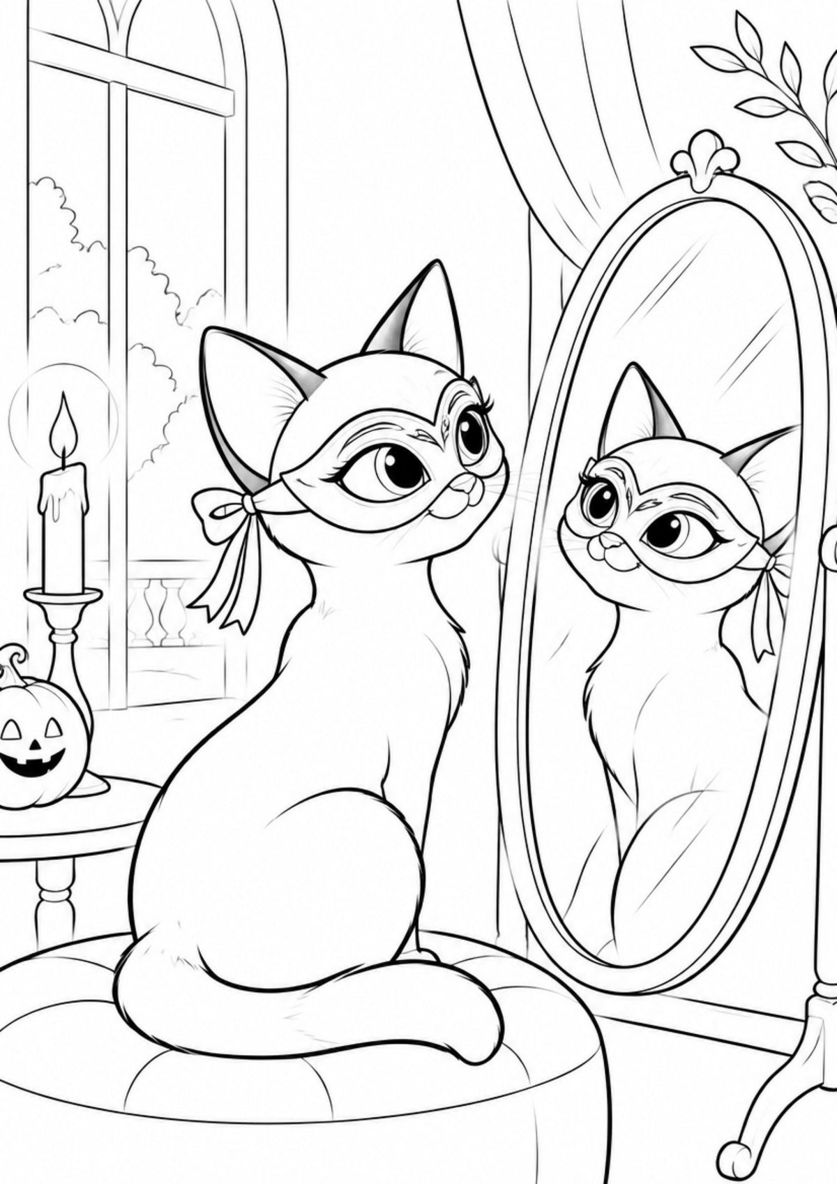 Coloring page from the Halloween edition: Ruby tries on a masquerade mask in front of a tall mirror