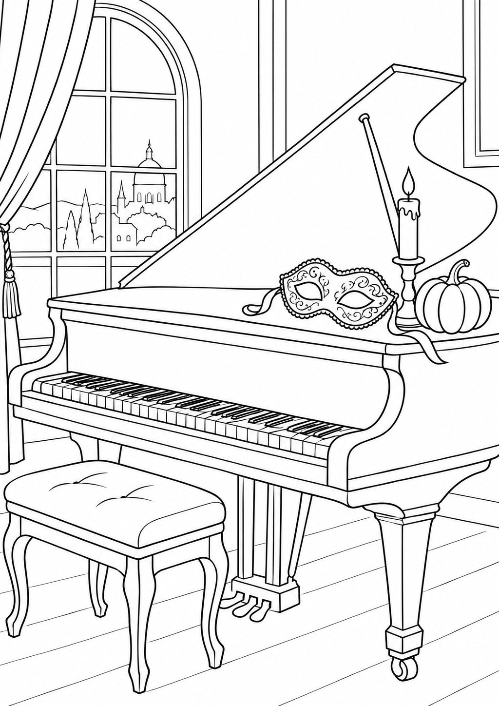 Coloring page from the Halloween edition: a grand piano with a masquerade mask, candles and pumpkins