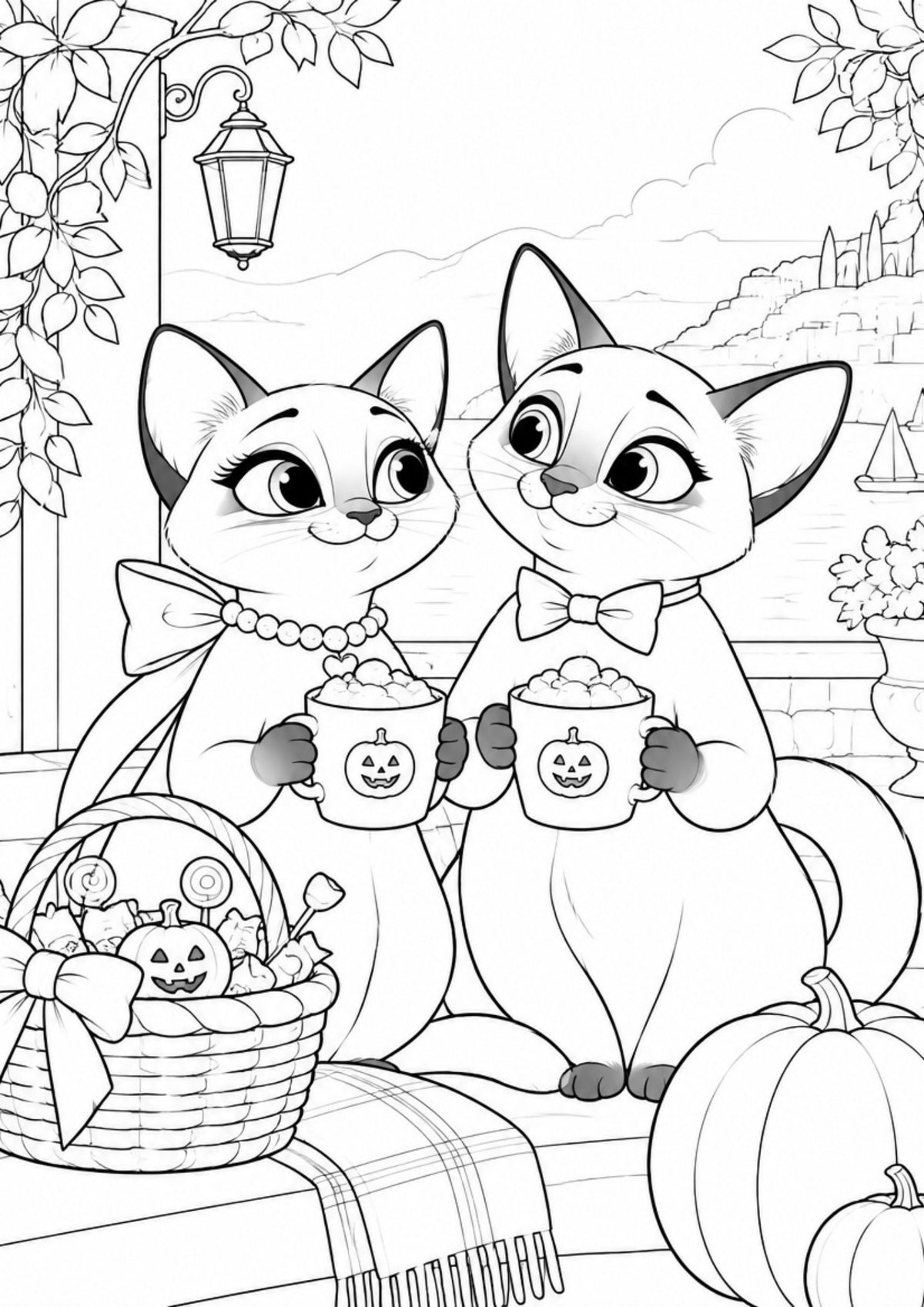 Coloring page from the Halloween edition: Ruby and Winston share mugs of cocoa beside a basket of treats