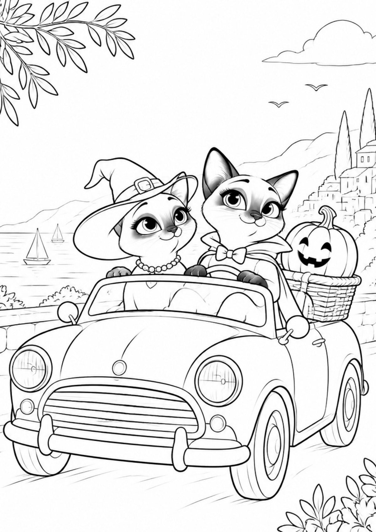 Coloring page from the Halloween edition: Ruby and Winston on a Halloween drive in a vintage car