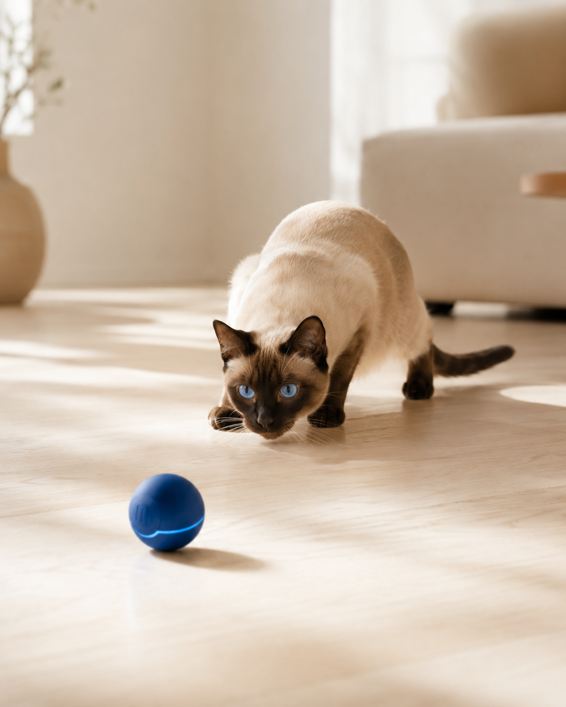 Society Sphere interactive cat ball showing unpredictable rolling movement pattern for Siamese prey drive stimulation