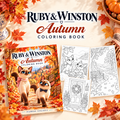 Ruby & Winston Autumn Coloring Book preview featuring the cover and three autumn coloring pages