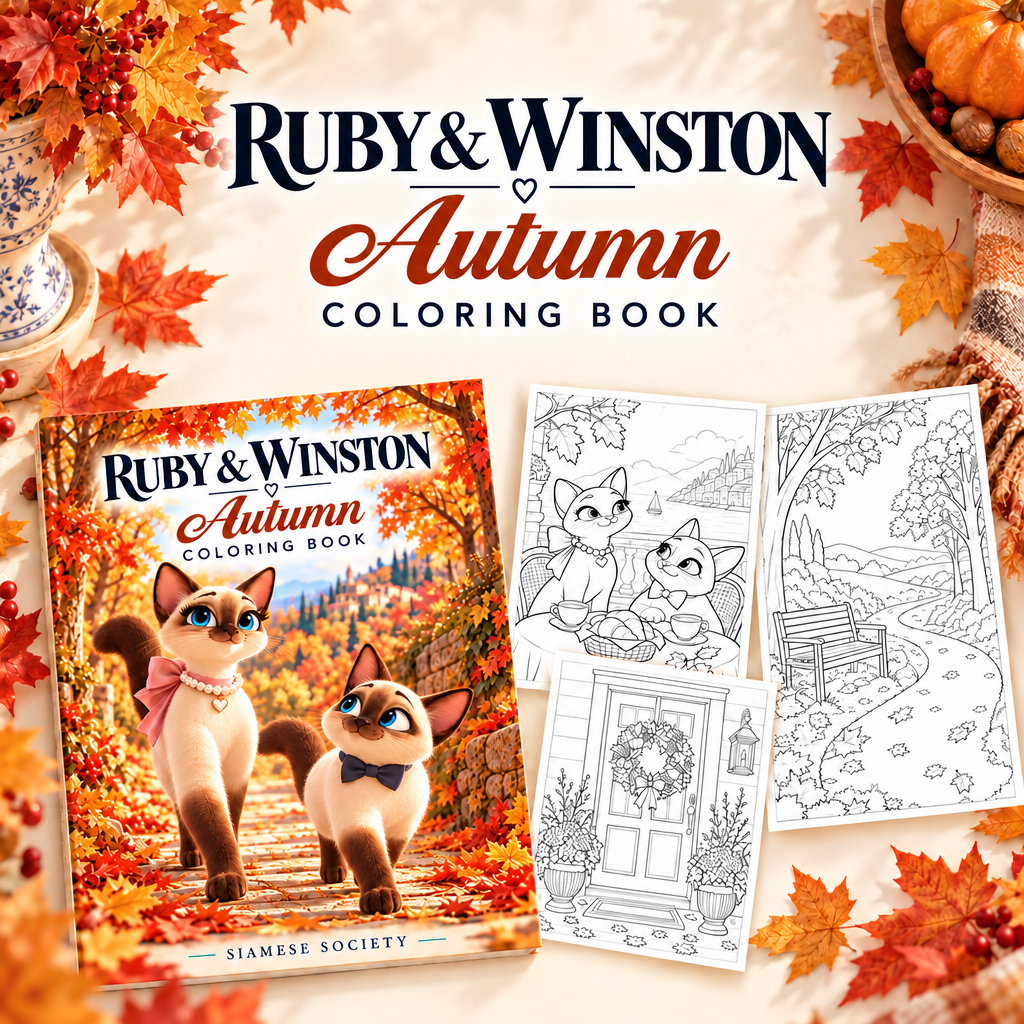 Ruby & Winston Autumn Coloring Book preview featuring the cover and three autumn coloring pages